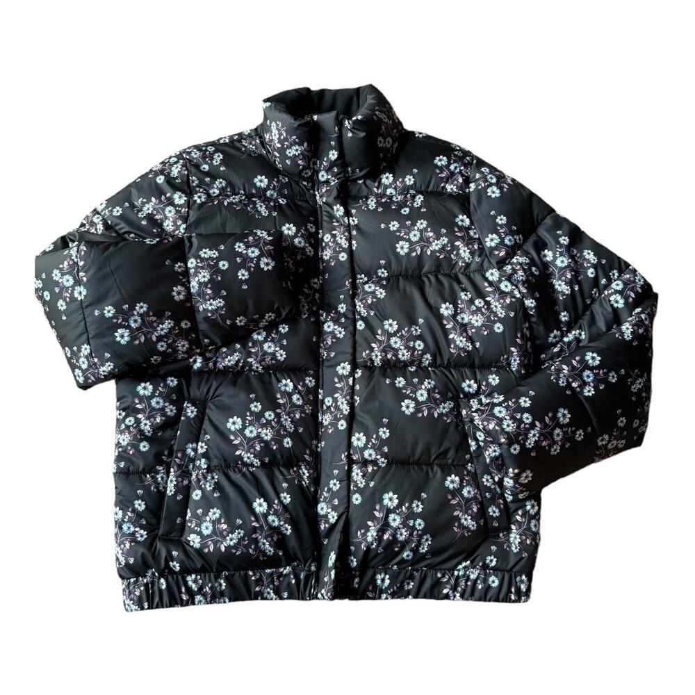 Floral puffer jacket by Skechers black, blue & pink stand collar size large